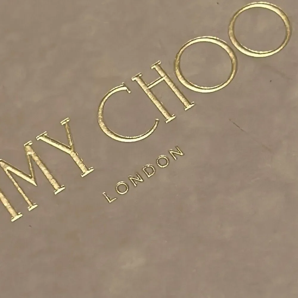 Jimmy Choo Small Square Box Light Gray Gold Lettering Luxury Storage Decor